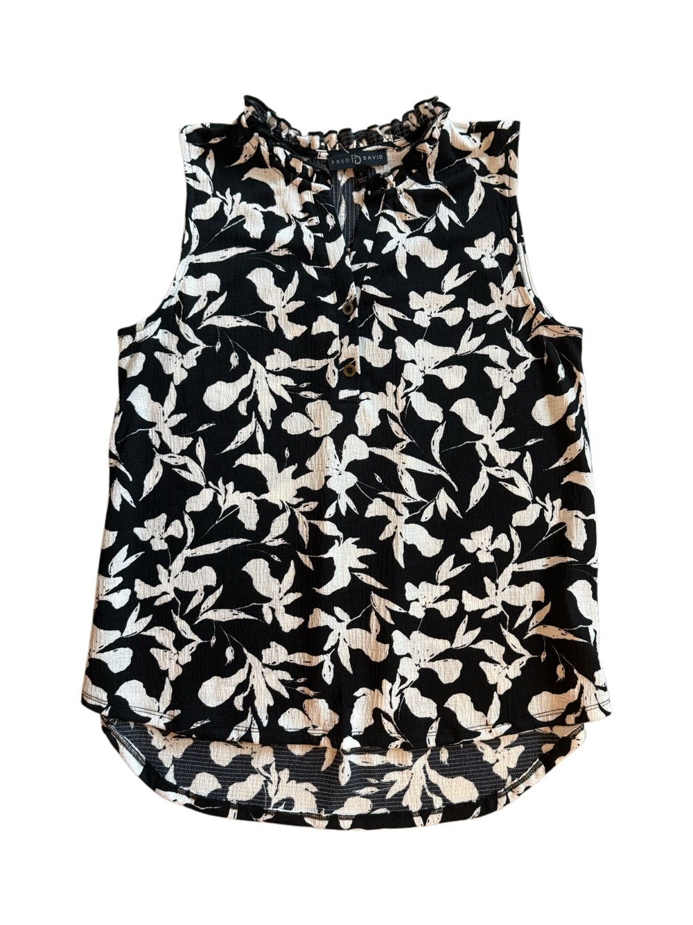 Fred David Black Floral Ruffle-Neck Sleeveless Blouse